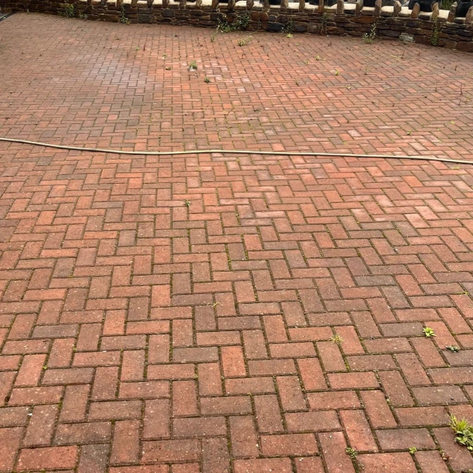 herringbone concrete block paving with weeds